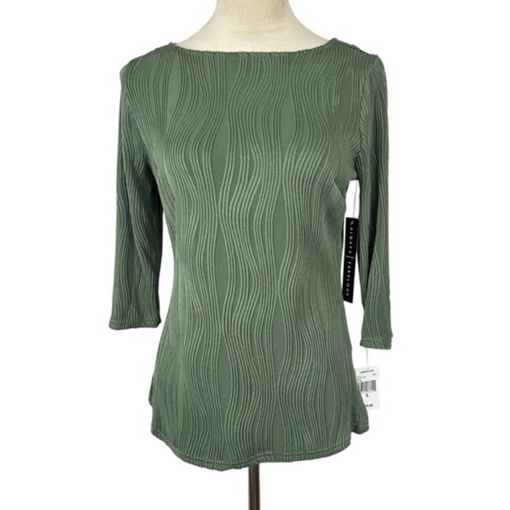 NWT Von Maur Olive Green Textured Top Wavy Ribbed‎ 3/4 Sleeve Womens Small